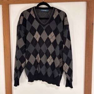 Vintage Carmel Argyle V-Neck Sweater XL Black Grey Knit Made USA Dark Academia
